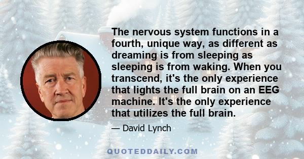 The nervous system functions in a fourth, unique way, as different as dreaming is from sleeping as sleeping is from waking. When you transcend, it's the only experience that lights the full brain on an EEG machine. It's 