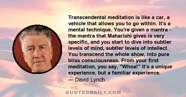 Transcendental meditation is like a car, a vehicle that allows you to go within. It's a mental technique. You're given a mantra - the mantra that Maharishi gives is very specific, and you start to dive into subtler