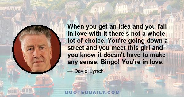 When you get an idea and you fall in love with it there's not a whole lot of choice. You're going down a street and you meet this girl and you know it doesn't have to make any sense. Bingo! You're in love.