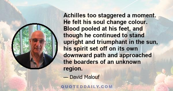 Achilles too staggered a moment. He felt his soul change colour. Blood pooled at his feet, and though he continued to stand upright and triumphant in the sun, his spirit set off on its own downward path and approached