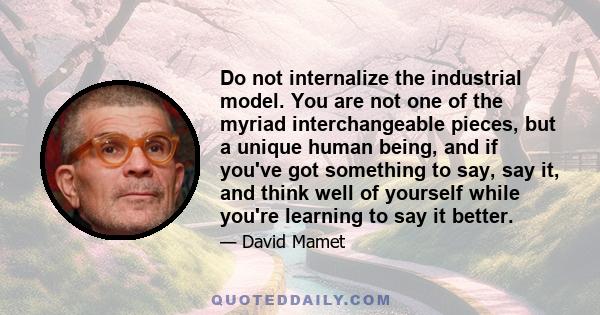 Do not internalize the industrial model. You are not one of the myriad interchangeable pieces, but a unique human being, and if you've got something to say, say it, and think well of yourself while you're learning to