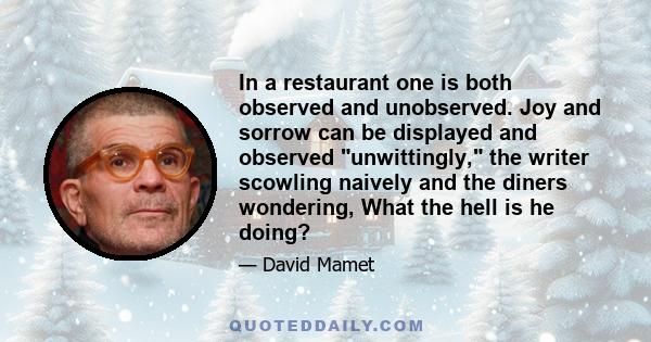 In a restaurant one is both observed and unobserved. Joy and sorrow can be displayed and observed unwittingly, the writer scowling naively and the diners wondering, What the hell is he doing?