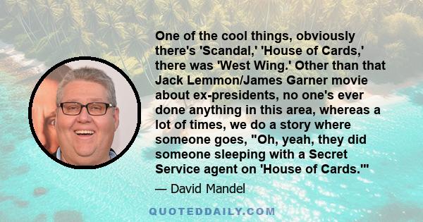 One of the cool things, obviously there's 'Scandal,' 'House of Cards,' there was 'West Wing.' Other than that Jack Lemmon/James Garner movie about ex-presidents, no one's ever done anything in this area, whereas a lot