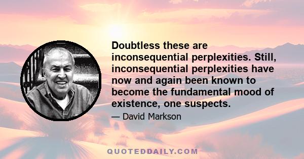 Doubtless these are inconsequential perplexities. Still, inconsequential perplexities have now and again been known to become the fundamental mood of existence, one suspects.