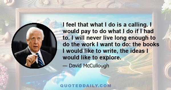 I feel that what I do is a calling. I would pay to do what I do if I had to. I will never live long enough to do the work I want to do: the books I would like to write, the ideas I would like to explore.