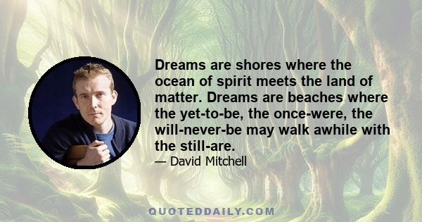 Dreams are shores where the ocean of spirit meets the land of matter. Dreams are beaches where the yet-to-be, the once-were, the will-never-be may walk awhile with the still-are.