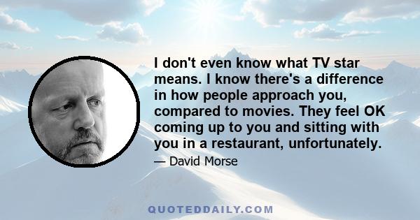 I don't even know what TV star means. I know there's a difference in how people approach you, compared to movies. They feel OK coming up to you and sitting with you in a restaurant, unfortunately.