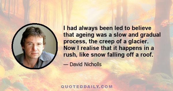 I had always been led to believe that ageing was a slow and gradual process, the creep of a glacier. Now I realise that it happens in a rush, like snow falling off a roof.