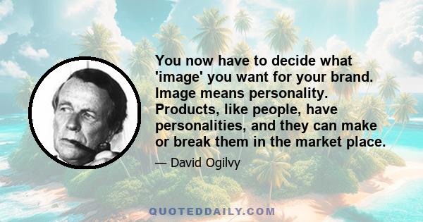 You now have to decide what 'image' you want for your brand. Image means personality. Products, like people, have personalities, and they can make or break them in the market place.