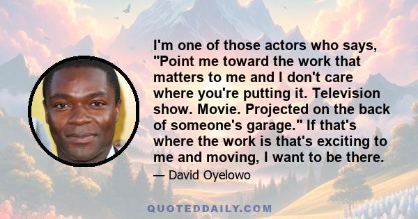 I'm one of those actors who says, Point me toward the work that matters to me and I don't care where you're putting it. Television show. Movie. Projected on the back of someone's garage. If that's where the work is