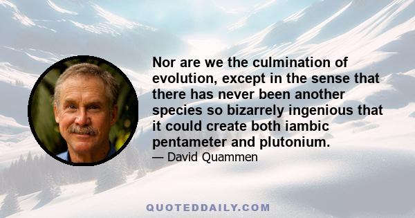 Nor are we the culmination of evolution, except in the sense that there has never been another species so bizarrely ingenious that it could create both iambic pentameter and plutonium.