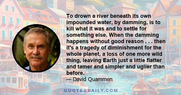 To drown a river beneath its own impounded water, by damming, is to kill what it was and to settle for something else. When the damming happens without good reason . . . then it's a tragedy of diminishment for the whole 