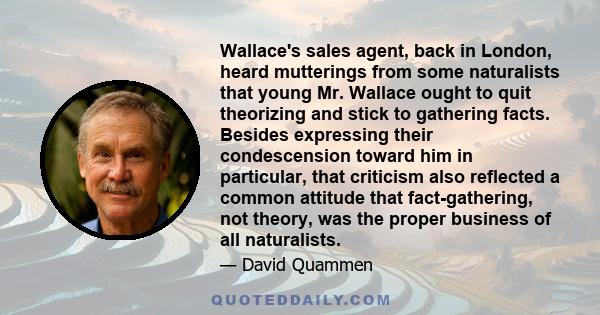 Wallace's sales agent, back in London, heard mutterings from some naturalists that young Mr. Wallace ought to quit theorizing and stick to gathering facts. Besides expressing their condescension toward him in