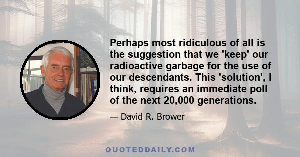 Perhaps most ridiculous of all is the suggestion that we 'keep' our radioactive garbage for the use of our descendants. This 'solution', I think, requires an immediate poll of the next 20,000 generations.