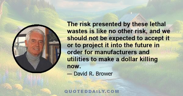 The risk presented by these lethal wastes is like no other risk, and we should not be expected to accept it or to project it into the future in order for manufacturers and utilities to make a dollar killing now.