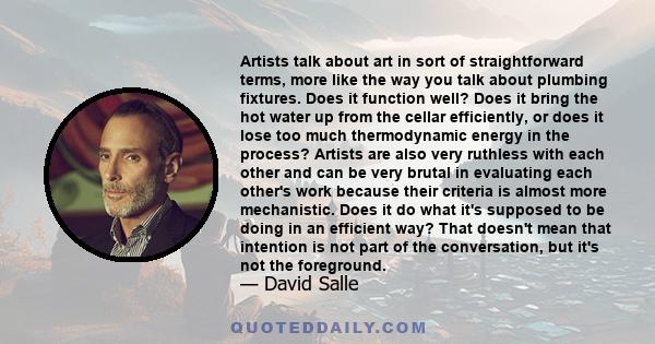 Artists talk about art in sort of straightforward terms, more like the way you talk about plumbing fixtures. Does it function well? Does it bring the hot water up from the cellar efficiently, or does it lose too much