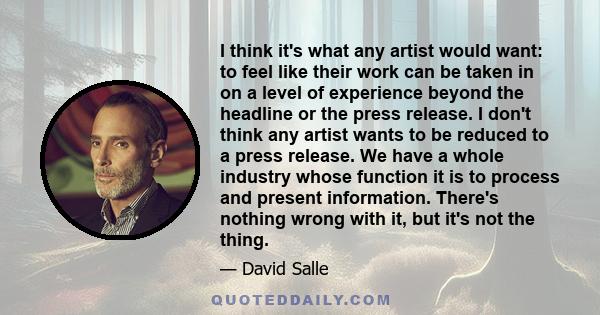 I think it's what any artist would want: to feel like their work can be taken in on a level of experience beyond the headline or the press release. I don't think any artist wants to be reduced to a press release. We