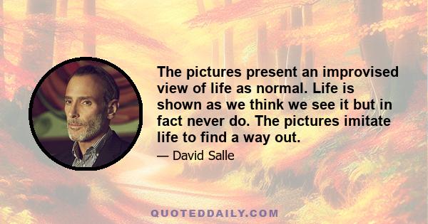 The pictures present an improvised view of life as normal. Life is shown as we think we see it but in fact never do. The pictures imitate life to find a way out.