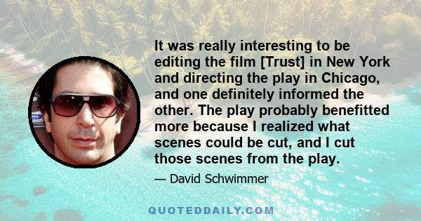 It was really interesting to be editing the film [Trust] in New York and directing the play in Chicago, and one definitely informed the other. The play probably benefitted more because I realized what scenes could be