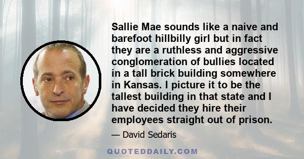 Sallie Mae sounds like a naive and barefoot hillbilly girl but in fact they are a ruthless and aggressive conglomeration of bullies located in a tall brick building somewhere in Kansas. I picture it to be the tallest