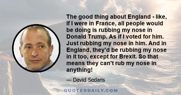 The good thing about England - like, if I were in France, all people would be doing is rubbing my nose in Donald Trump. As if I voted for him. Just rubbing my nose in him. And in England, they'd be rubbing my nose in it 