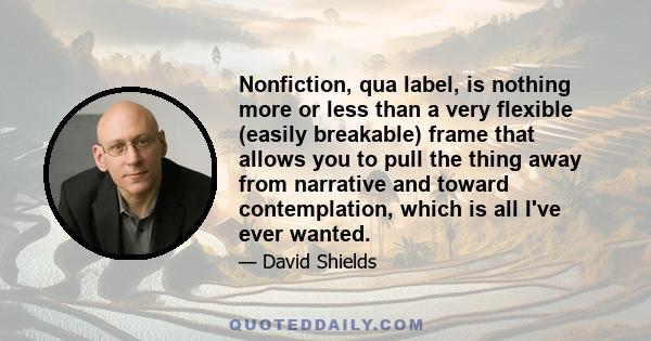 Nonfiction, qua label, is nothing more or less than a very flexible (easily breakable) frame that allows you to pull the thing away from narrative and toward contemplation, which is all I've ever wanted.