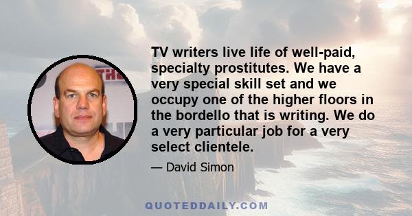 TV writers live life of well-paid, specialty prostitutes. We have a very special skill set and we occupy one of the higher floors in the bordello that is writing. We do a very particular job for a very select clientele.