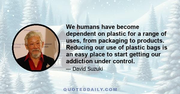 We humans have become dependent on plastic for a range of uses, from packaging to products. Reducing our use of plastic bags is an easy place to start getting our addiction under control.