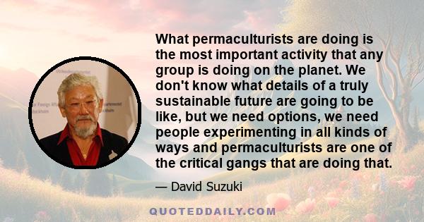 What permaculturists are doing is the most important activity that any group is doing on the planet. We don't know what details of a truly sustainable future are going to be like, but we need options, we need people