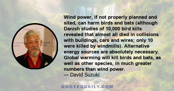 Wind power, if not properly planned and sited, can harm birds and bats (although Danish studies of 10,000 bird kills revealed that almost all died in collisions with buildings, cars and wires; only 10 were killed by