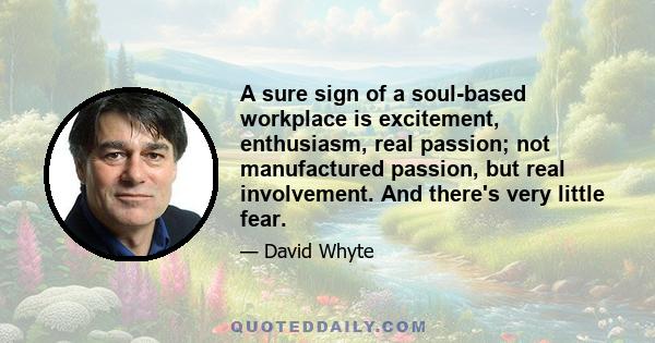 A sure sign of a soul-based workplace is excitement, enthusiasm, real passion; not manufactured passion, but real involvement. And there's very little fear.