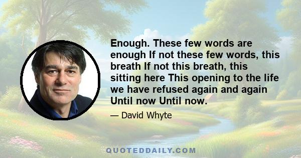 Enough. These few words are enough If not these few words, this breath If not this breath, this sitting here This opening to the life we have refused again and again Until now Until now.