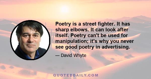 Poetry is a street fighter. It has sharp elbows. It can look after itself. Poetry can't be used for manipulation; it's why you never see good poetry in advertising.