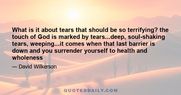 What is it about tears that should be so terrifying? the touch of God is marked by tears...deep, soul-shaking tears, weeping...it comes when that last barrier is down and you surrender yourself to health and wholeness