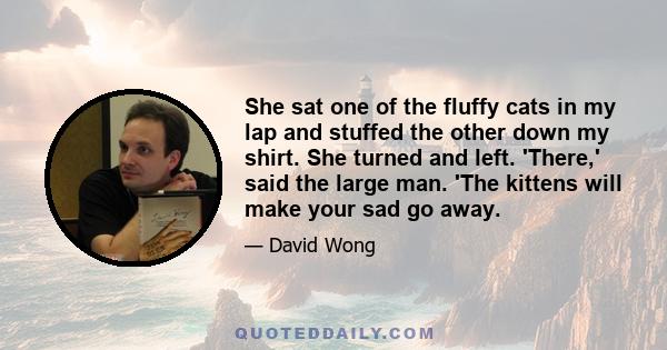 She sat one of the fluffy cats in my lap and stuffed the other down my shirt. She turned and left. 'There,' said the large man. 'The kittens will make your sad go away.