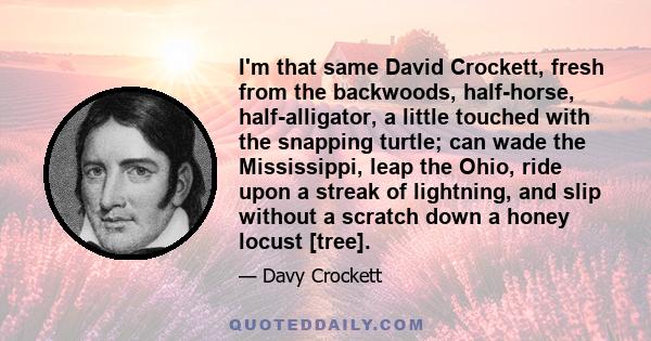 I'm that same David Crockett, fresh from the backwoods, half-horse, half-alligator, a little touched with the snapping turtle; can wade the Mississippi, leap the Ohio, ride upon a streak of lightning, and slip without a 