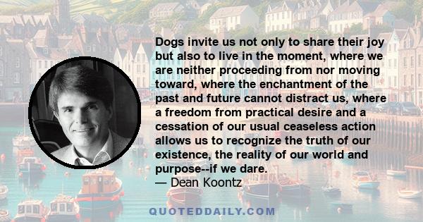 Dogs invite us not only to share their joy but also to live in the moment, where we are neither proceeding from nor moving toward, where the enchantment of the past and future cannot distract us, where a freedom from