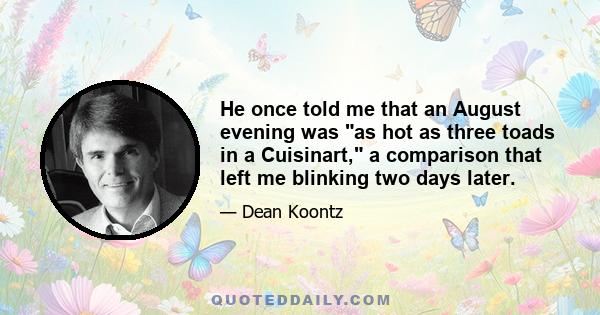 He once told me that an August evening was as hot as three toads in a Cuisinart, a comparison that left me blinking two days later.