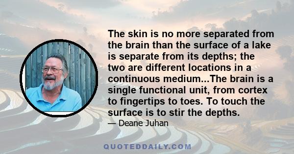 The skin is no more separated from the brain than the surface of a lake is separate from its depths; the two are different locations in a continuous medium...The brain is a single functional unit, from cortex to