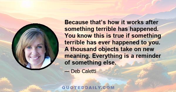 Because that’s how it works after something terrible has happened. You know this is true if something terrible has ever happened to you. A thousand objects take on new meaning. Everything is a reminder of something else.