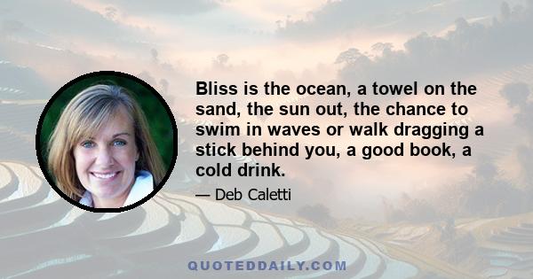 Bliss is the ocean, a towel on the sand, the sun out, the chance to swim in waves or walk dragging a stick behind you, a good book, a cold drink.