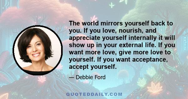 The world mirrors yourself back to you. If you love, nourish, and appreciate yourself internally it will show up in your external life. If you want more love, give more love to yourself. If you want acceptance, accept