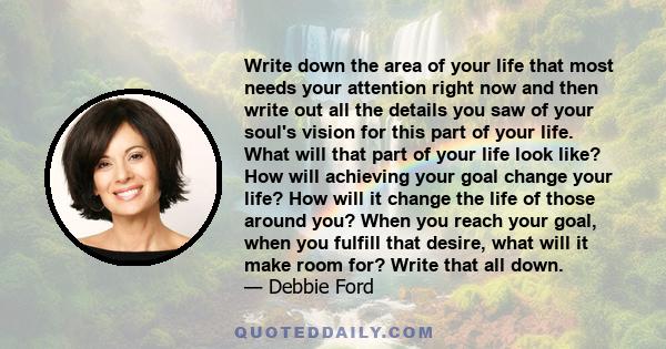 Write down the area of your life that most needs your attention right now and then write out all the details you saw of your soul's vision for this part of your life. What will that part of your life look like? How will 