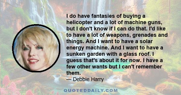 I do have fantasies of buying a helicopter and a lot of machine guns, but I don't know if I can do that. I'd like to have a lot of weapons, grenades and things. And I want to have a solar energy machine. And I want to