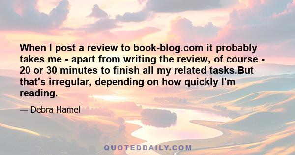 When I post a review to book-blog.com it probably takes me - apart from writing the review, of course - 20 or 30 minutes to finish all my related tasks.But that's irregular, depending on how quickly I'm reading.