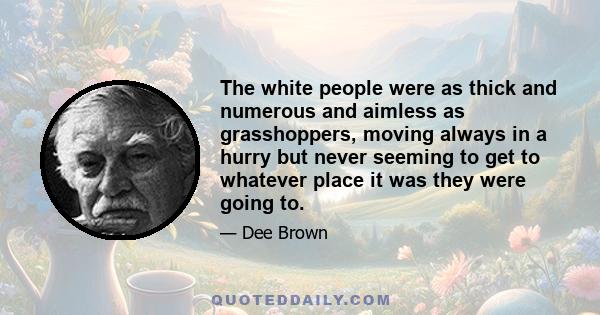 The white people were as thick and numerous and aimless as grasshoppers, moving always in a hurry but never seeming to get to whatever place it was they were going to.