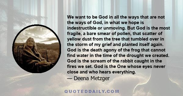 We want to be God in all the ways that are not the ways of God, in what we hope is indestructible or unmoving. But God is the most fragile, a bare smear of pollen, that scatter of yellow dust from the tree that tumbled