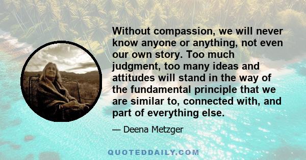 Without compassion, we will never know anyone or anything, not even our own story. Too much judgment, too many ideas and attitudes will stand in the way of the fundamental principle that we are similar to, connected