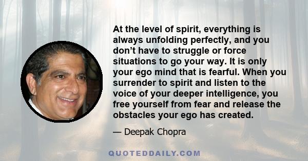 At the level of spirit, everything is always unfolding perfectly, and you don’t have to struggle or force situations to go your way. It is only your ego mind that is fearful. When you surrender to spirit and listen to