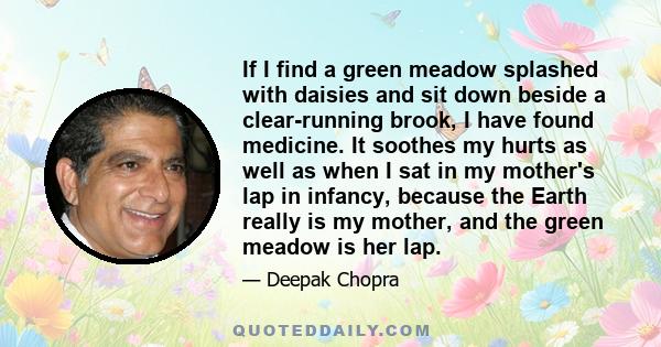 If I find a green meadow splashed with daisies and sit down beside a clear-running brook, I have found medicine. It soothes my hurts as well as when I sat in my mother's lap in infancy, because the Earth really is my